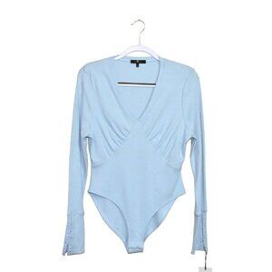7 For All Mankind Long Sleeve V Neck Plunge Ribbed Bodysuit Light Blue Size L
